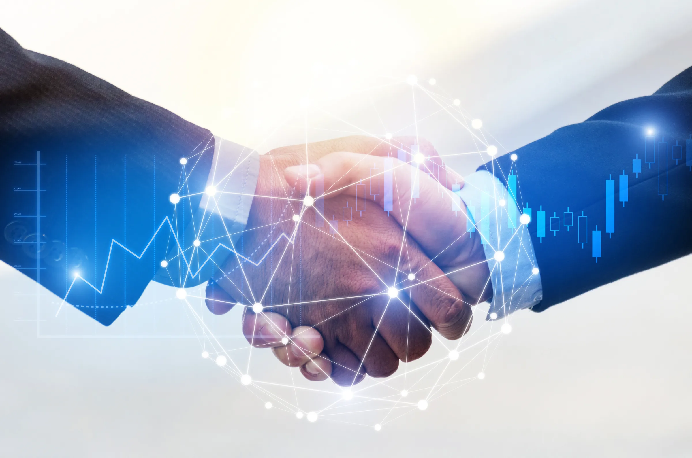 Two leaders shaking hands over a network of light